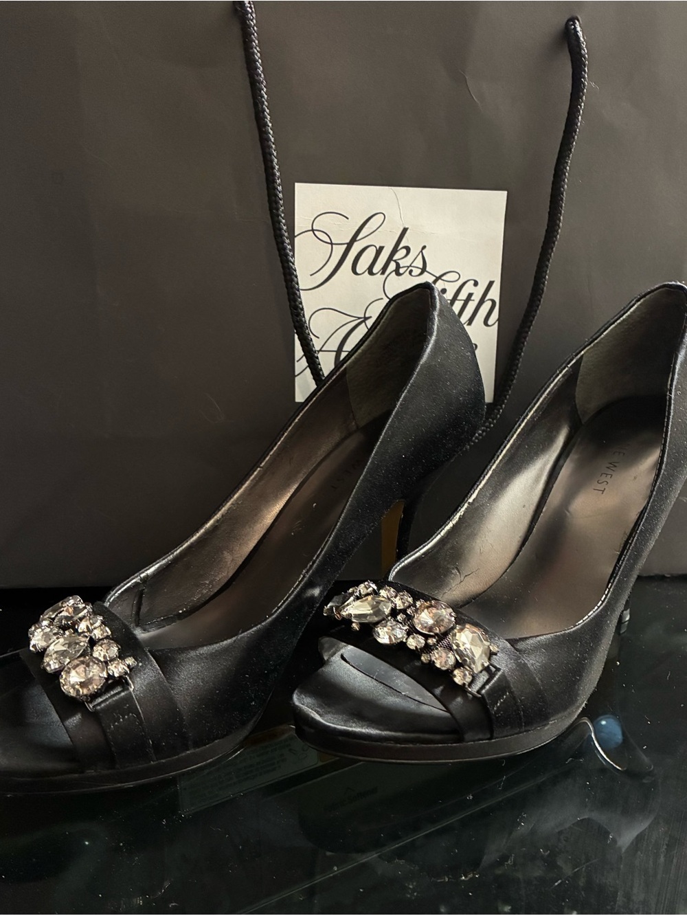 Nine West Black Jeweled Satin Peep-Toe Pumps